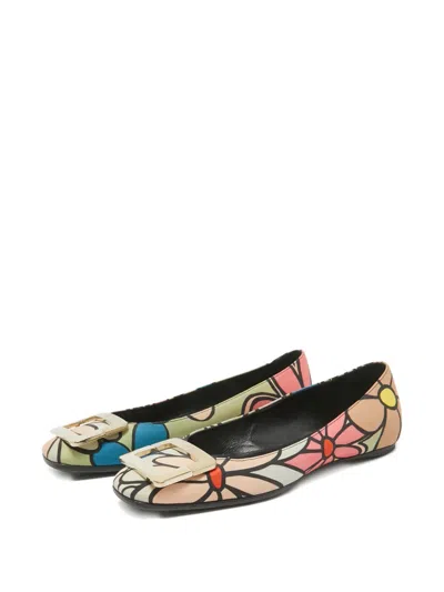Pre-owned Roger Vivier Vintage  Floral-print Buckled Flats In Neutral
