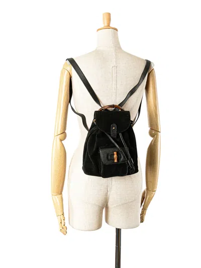 Pre-owned Gucci 2000-2015 Suede Bamboo Backpack In Black
