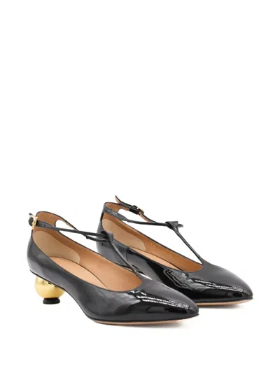 Ferragamo Round Toe T-bar Strap Gold Heel