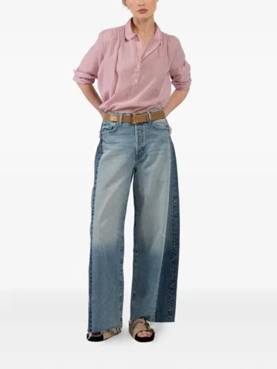 Mother The Pipe Dream Button Sneak Fray Distressed High-rise Wide-leg Jeans In Blue