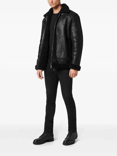 Philipp Plein Shearling Biker Jacket In Black