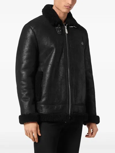 Philipp Plein Shearling Biker Jacket In Black