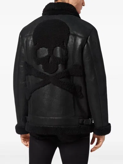Philipp Plein Shearling Biker Jacket In Black