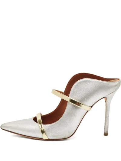Pre-owned Malone Souliers  85mm Metallic Leather Mules In Silver
