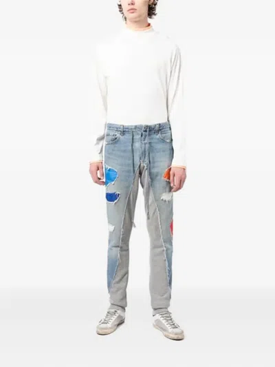 Greg Lauren Patchwork Distressed-denim Track Pants In Blue
