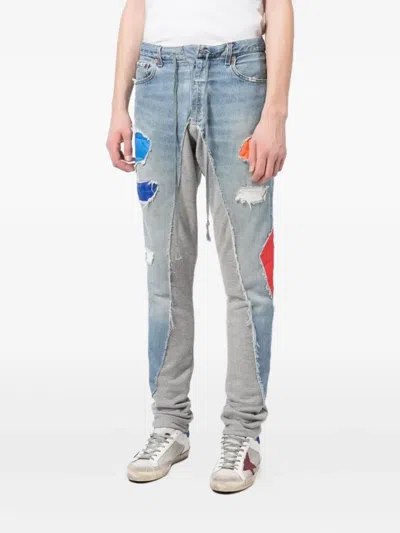 Greg Lauren Patchwork Distressed-denim Track Pants In Blue