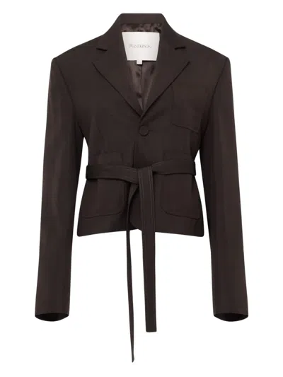 Jw Anderson Mens Dark Brown Cropped Notch-lapels Woven Jacket In Brown