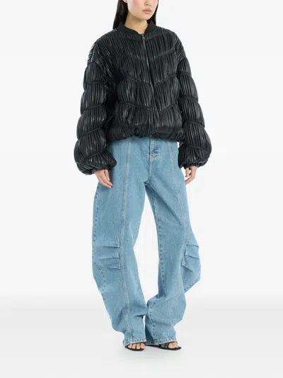 Rotate Birger Christensen Faux Leather Pleated Bomber Jacket In Black