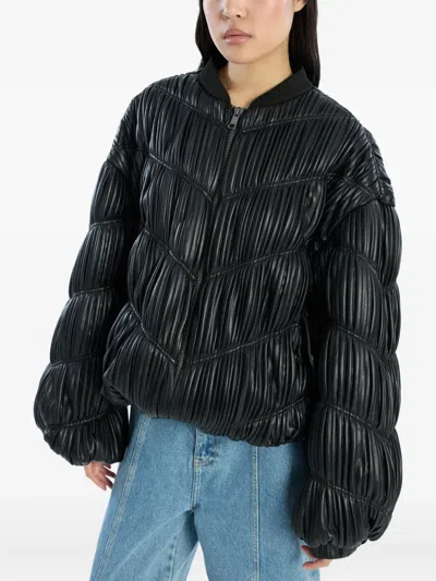 Rotate Birger Christensen Faux Leather Pleated Bomber Jacket In Black