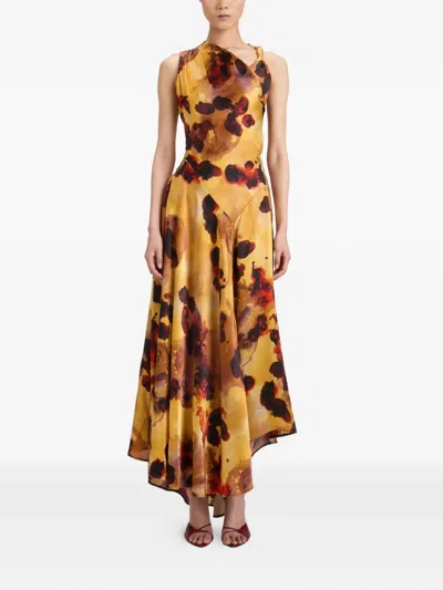 Victoria Beckham Womens Amber Draped Sleeveless Silk Midi Dress In Yellow