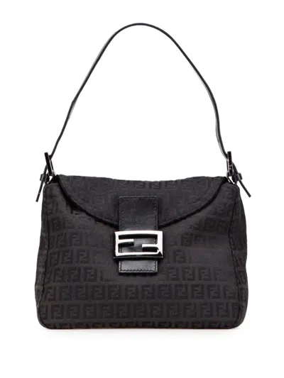 Pre-owned Fendi 2000-2010 Zucchino Canvas Double Flap Mamma Shoulder Bag In Black