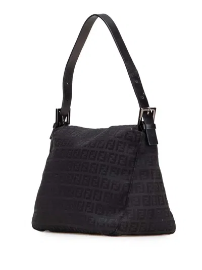 Pre-owned Fendi 2000-2010 Zucchino Canvas Double Flap Mamma Shoulder Bag In Black