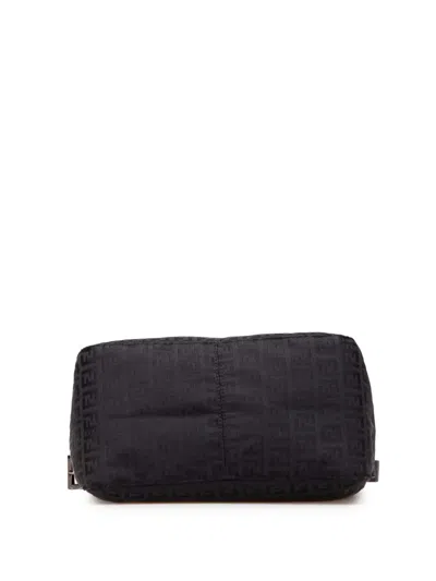Pre-owned Fendi 2000-2010 Zucchino Canvas Double Flap Mamma Shoulder Bag In Black