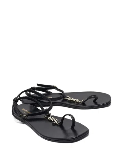 Pre-owned Saint Laurent Leather Cassandre-logo Sandals In Black