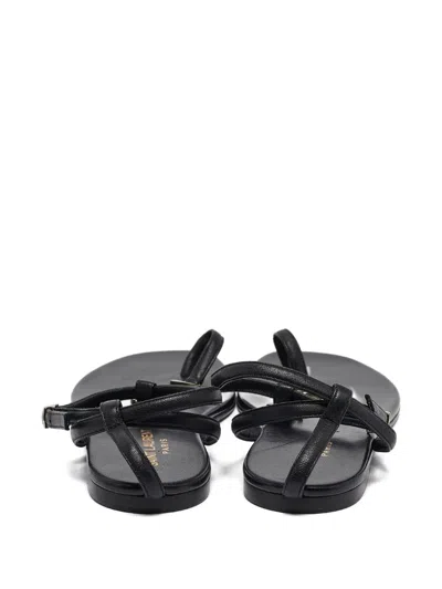Pre-owned Saint Laurent Leather Cassandre-logo Sandals In Black
