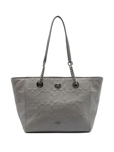 Pre-owned Coach Vintage  Embossed Leather Tote Bag In Gray