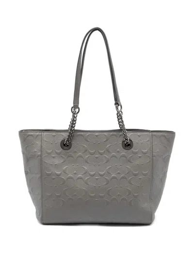 Pre-owned Coach Vintage  Embossed Leather Tote Bag In Gray