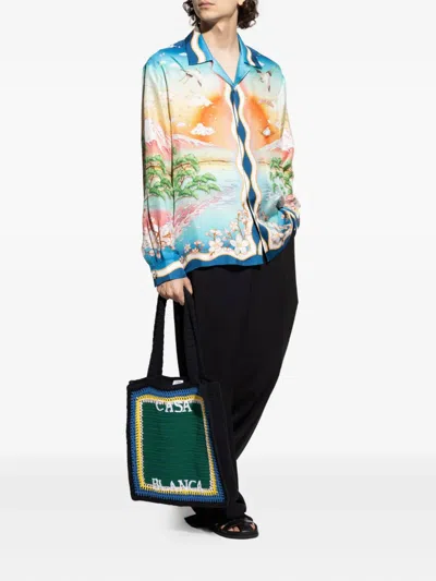 Casablanca Tennis Club Convertible-collar Printed Silk-twill Shirt In Black