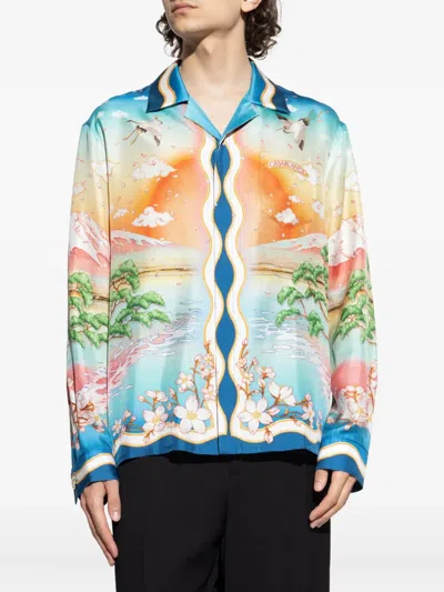 Casablanca Tennis Club Convertible-collar Printed Silk-twill Shirt In Black
