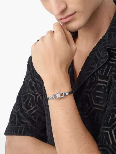 Philipp Plein Braided Leather Bracelet In Black