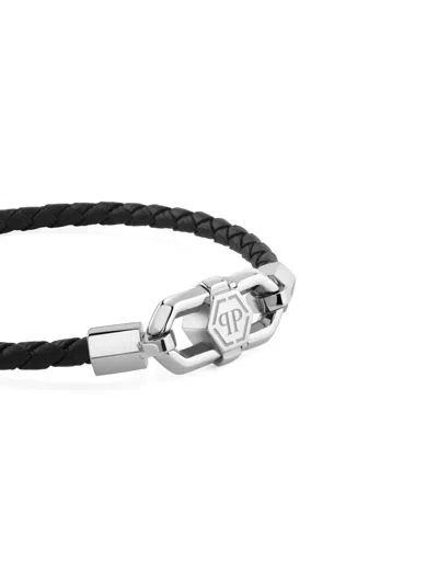 Philipp Plein Braided Leather Bracelet In Black