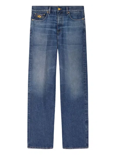 Versace Straight Trousers With Pockets And Loops In Blue