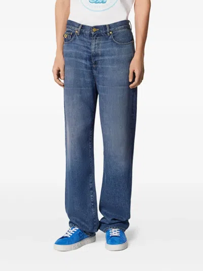 Versace Straight Trousers With Pockets And Loops In Blue