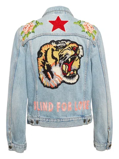 Pre-owned Gucci Tiger-embroidered Denim Jacket In Blue