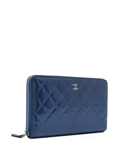 Pre-owned Chanel Cc Diamond-quilted Leather Wallet In Blue