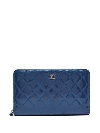 Pre-owned Chanel Cc Diamond-quilted Leather Wallet In Blue