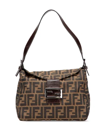 Pre-owned Fendi 2000-2010 Zucca Canvas Double Flap Mamma Shoulder Bag In Brown