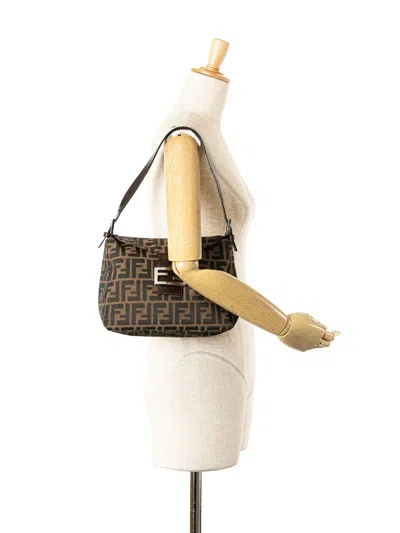 Pre-owned Fendi 2000-2010 Zucca Canvas Double Flap Mamma Shoulder Bag In Brown