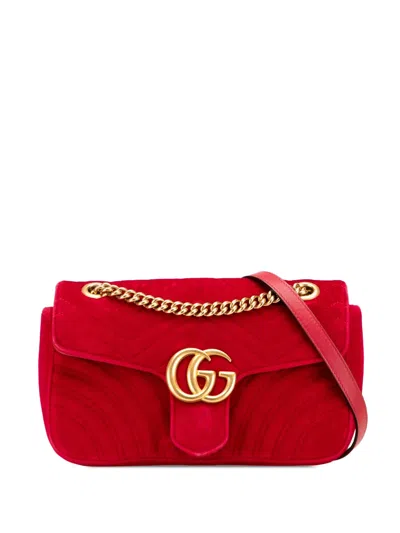 Pre-owned Gucci 2016-2025 Small Gg Marmont Matelasse Velvet Flap Crossbody Bag In Red