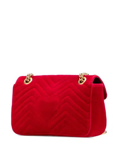 Pre-owned Gucci 2016-2025 Small Gg Marmont Matelasse Velvet Flap Crossbody Bag In Red