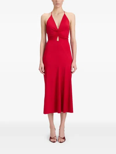 Victoria Beckham V-neck Ruched Midi Dress In Red