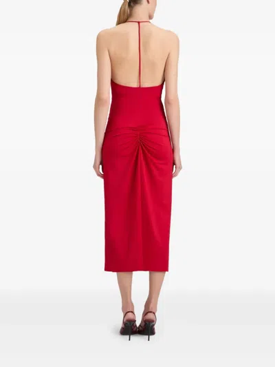Victoria Beckham V-neck Ruched Midi Dress In Red