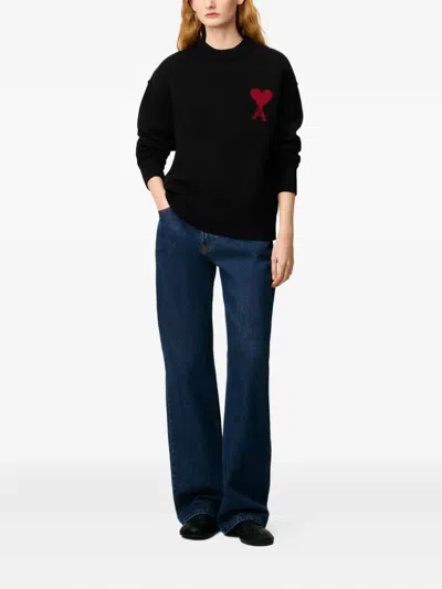 Ami Alexandre Mattiussi Ami Paris Wool Sweater With Heart Intarsia Design In Black