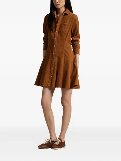 Polo Ralph Lauren Corduroy Collared Shirt Dress In Brown