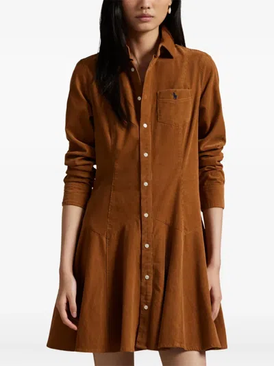 Polo Ralph Lauren Corduroy Collared Shirt Dress In Brown