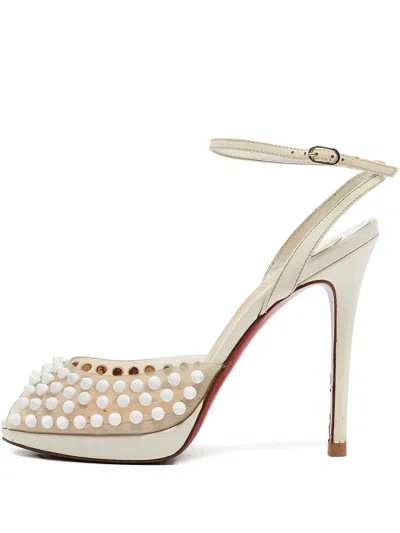 Pre-owned Christian Louboutin 120mm Patent Leather Studded Pumps In Neutral