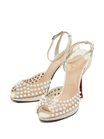 Pre-owned Christian Louboutin 120mm Patent Leather Studded Pumps In Neutral
