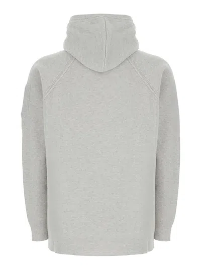 C.p. Company Grey Cardigan With Drawstring Hood And Logo Plaque On The Sleeve In Gray