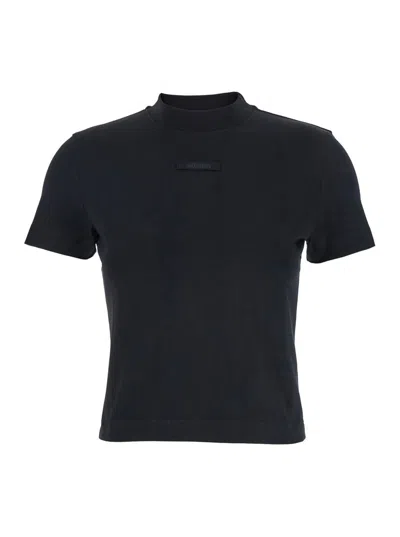 Jacquemus Black Fitted T-shirt With Logo Patch In Stretch Cotton Woman In Black