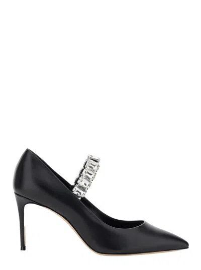Casadei Black Pumps With Crystal Embellished Strap And High Stiletto Heel In Leather Woman In Black