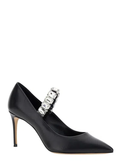 Casadei Black Pumps With Crystal Embellished Strap And High Stiletto Heel In Leather Woman In Black