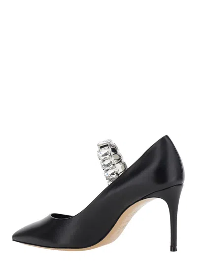 Casadei Black Pumps With Crystal Embellished Strap And High Stiletto Heel In Leather Woman In Black