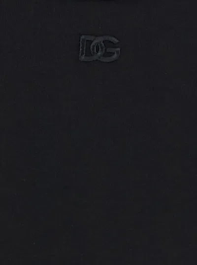 Dolce & Gabbana Black Crewneck T-shirt With Tonal Logo Lettering Embroidery On The Front In Cotton Stretch Man