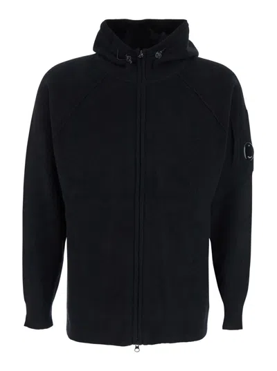 C.p. Company Black Cardigan With Drawstring Hood And Logo Plaque On The Sleeve In Black