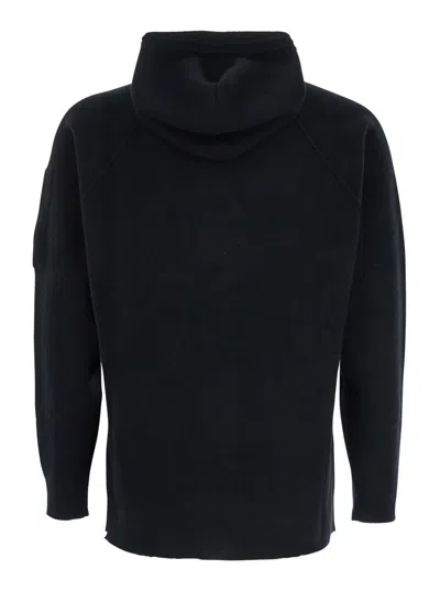 C.p. Company Black Cardigan With Drawstring Hood And Logo Plaque On The Sleeve In Black