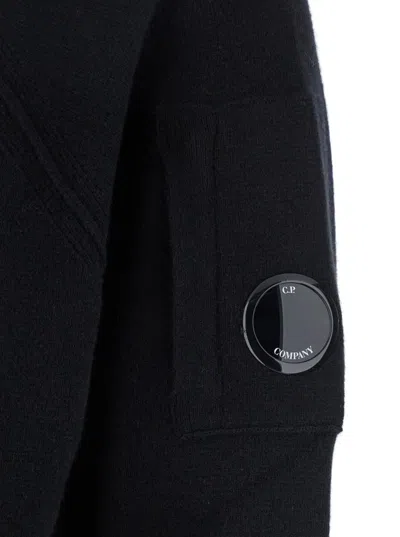 C.p. Company Black Cardigan With Drawstring Hood And Logo Plaque On The Sleeve In Black